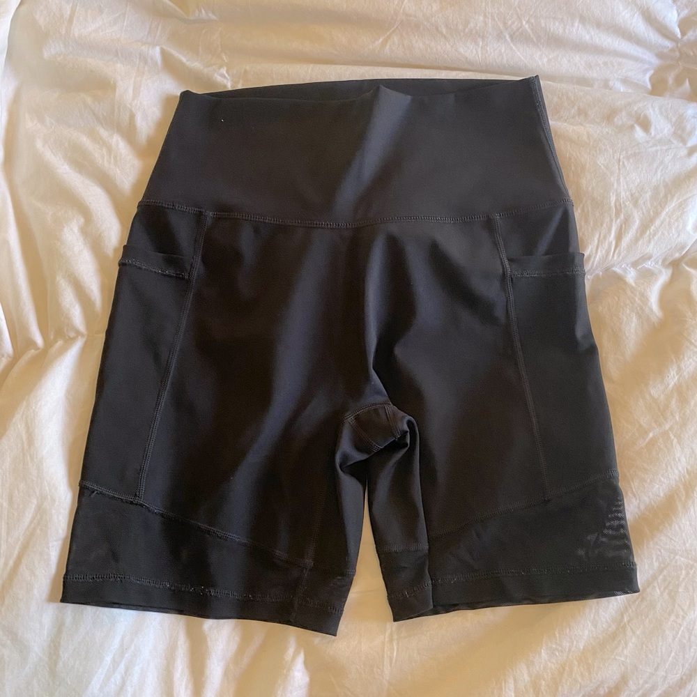 Aerie Move black biker shorts with mesh accents